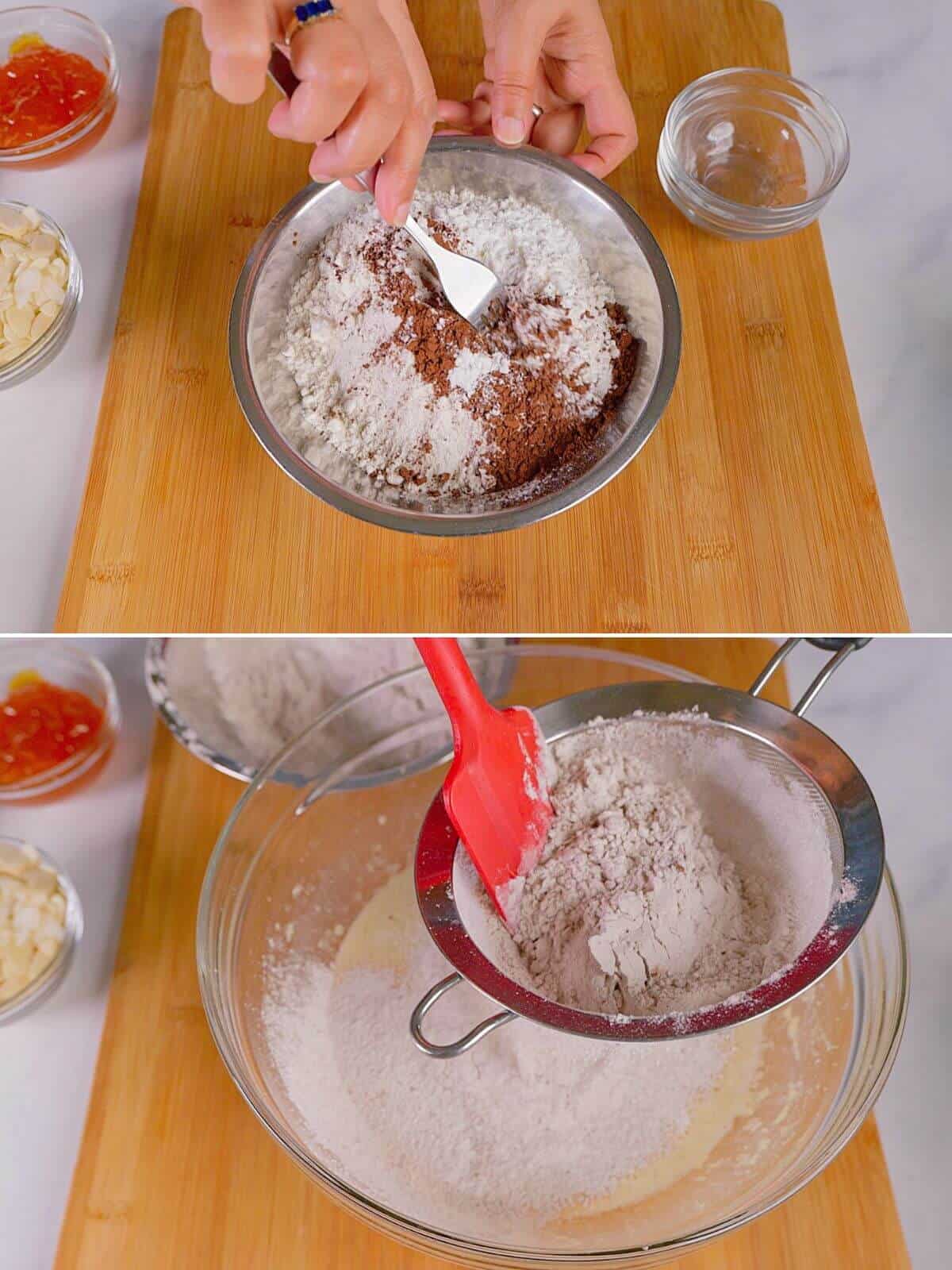 Combining dry ingredients and sifting into wet ingredients.