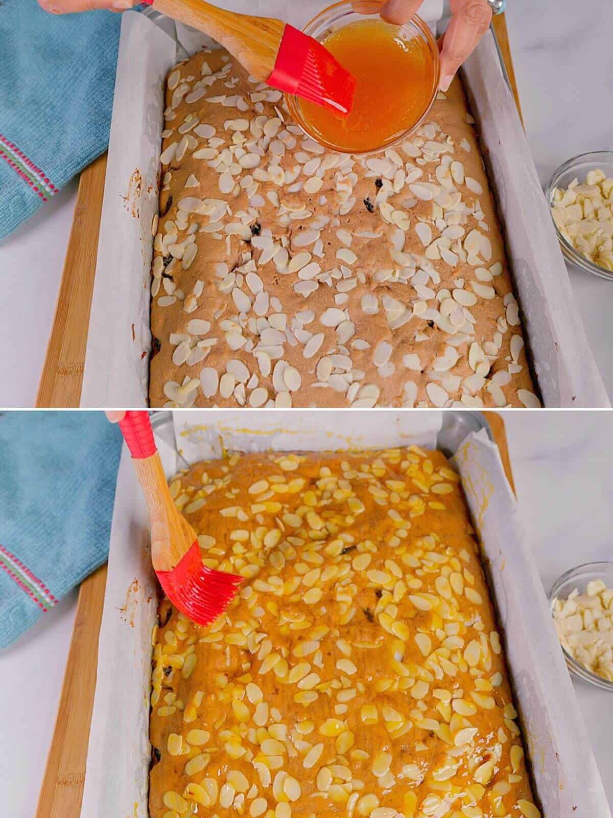 Baking the cake and brushing with apricot jam.