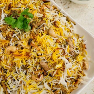 Close view of mushroom biryani.