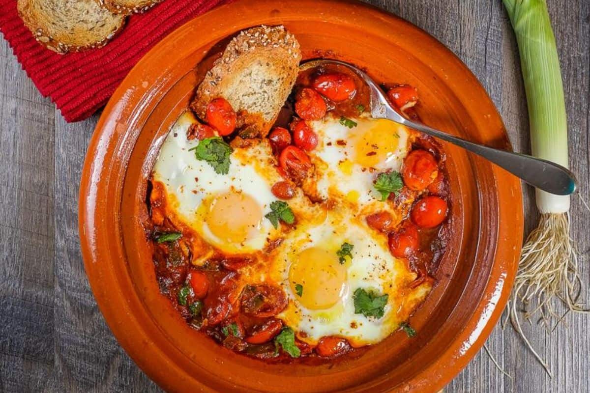 Moroccan shakshuka in a tagine.