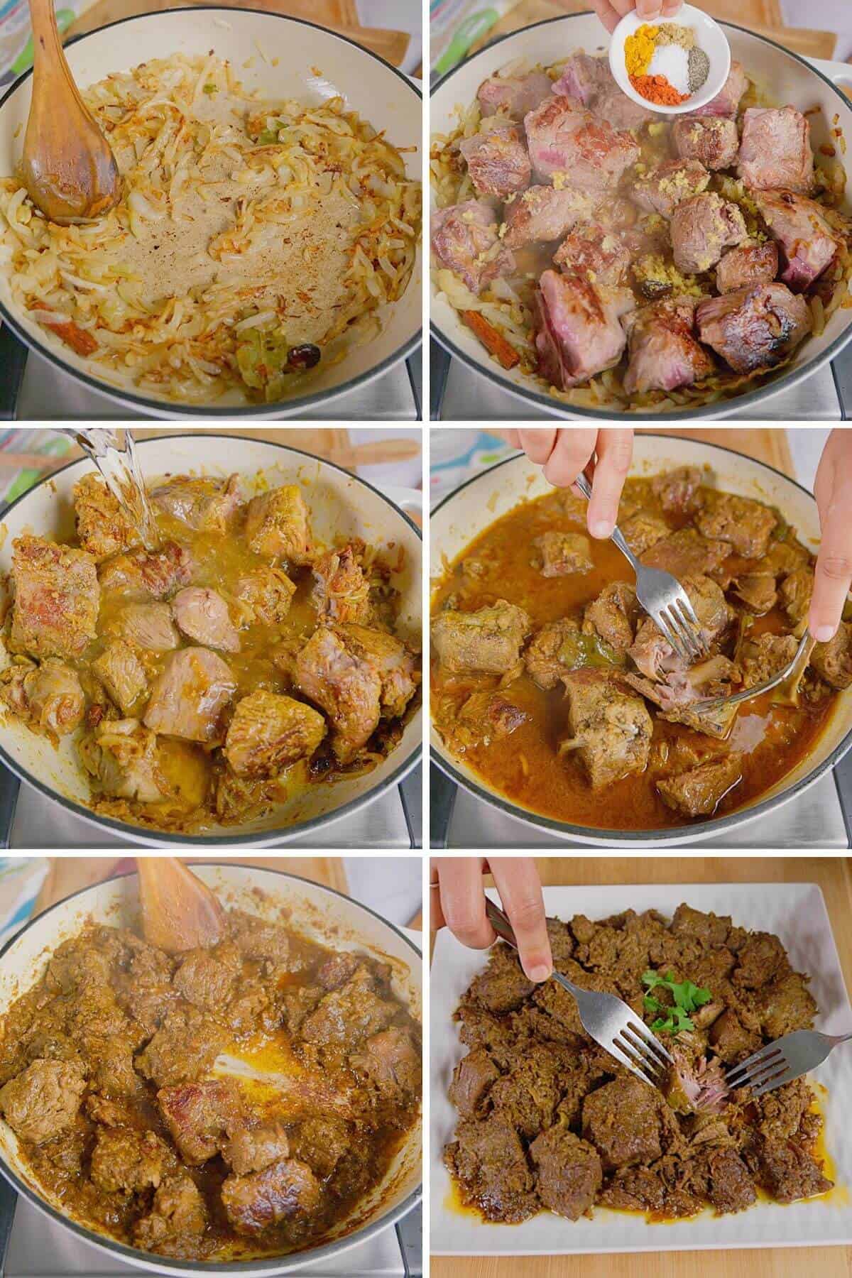 Step by step process of making bhuna gosht.