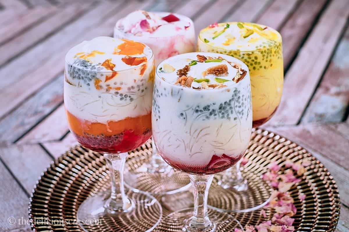 Four flavors of falooda, a vegetarian gluten free dessert.