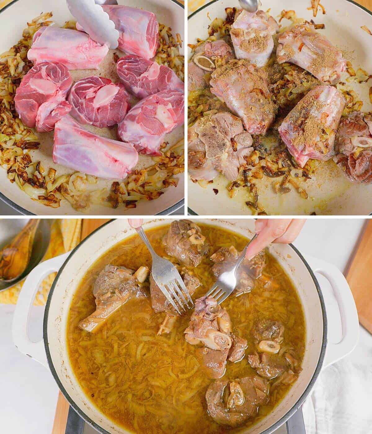 Cooking the meat with onions and spices.