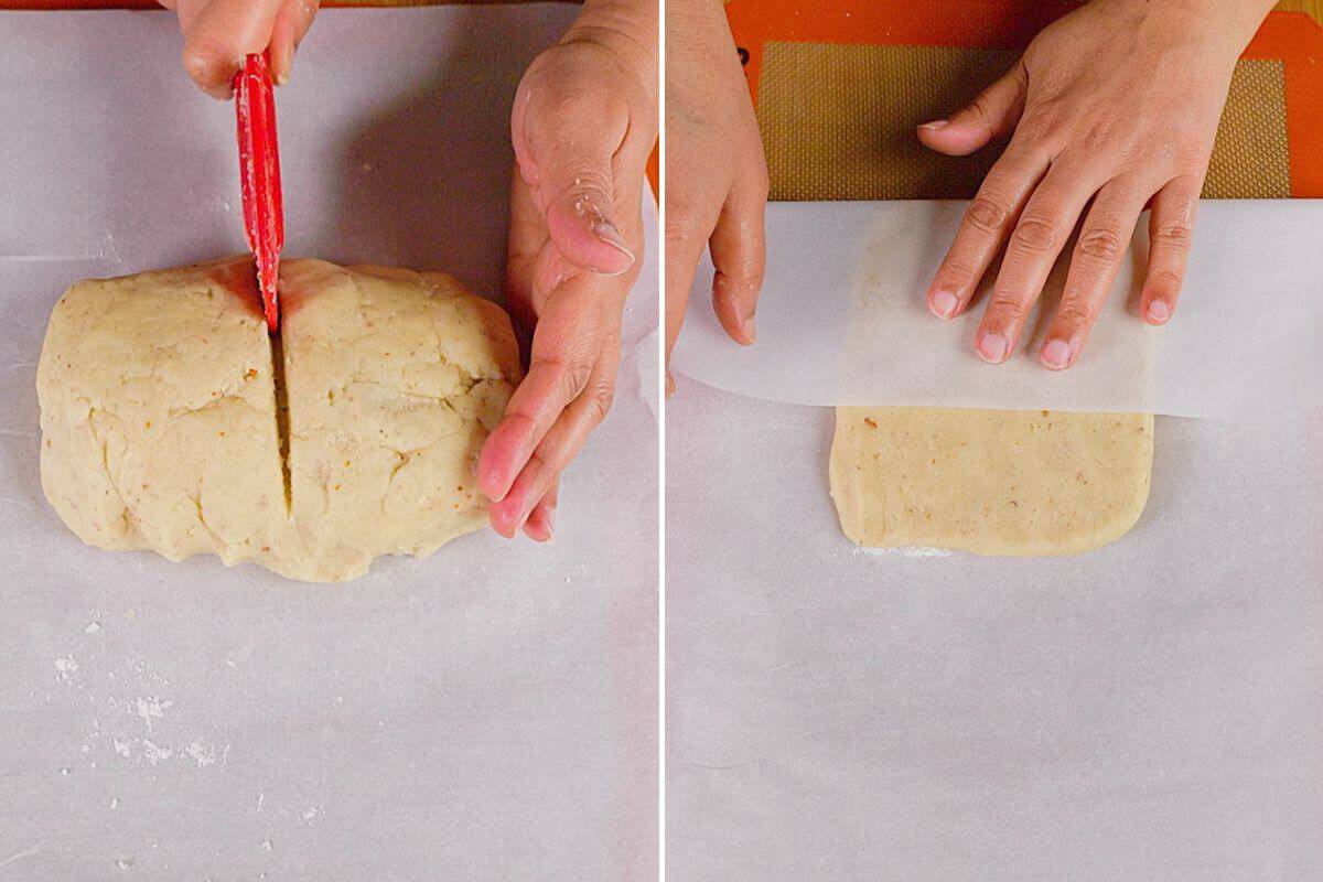 Rolling out the dough and dividing into parts.