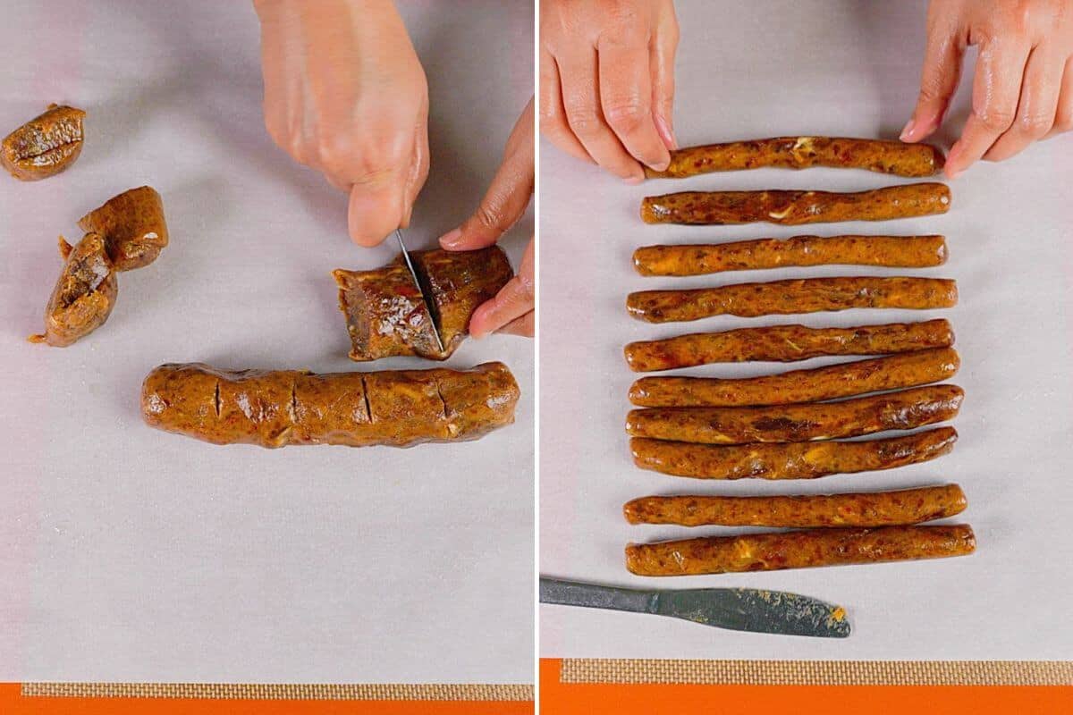 Dividing date paste and rolling it out.