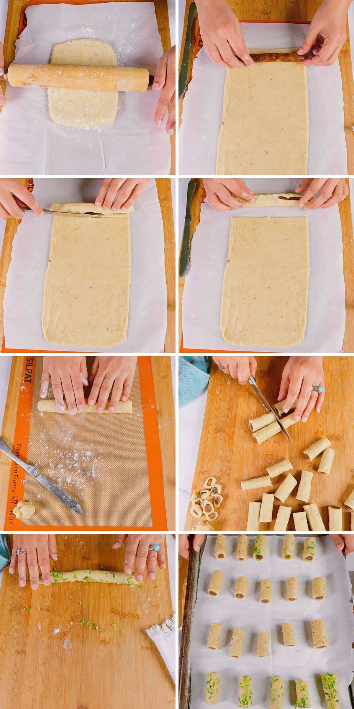 Wrapping dough around date filling and making cookies.