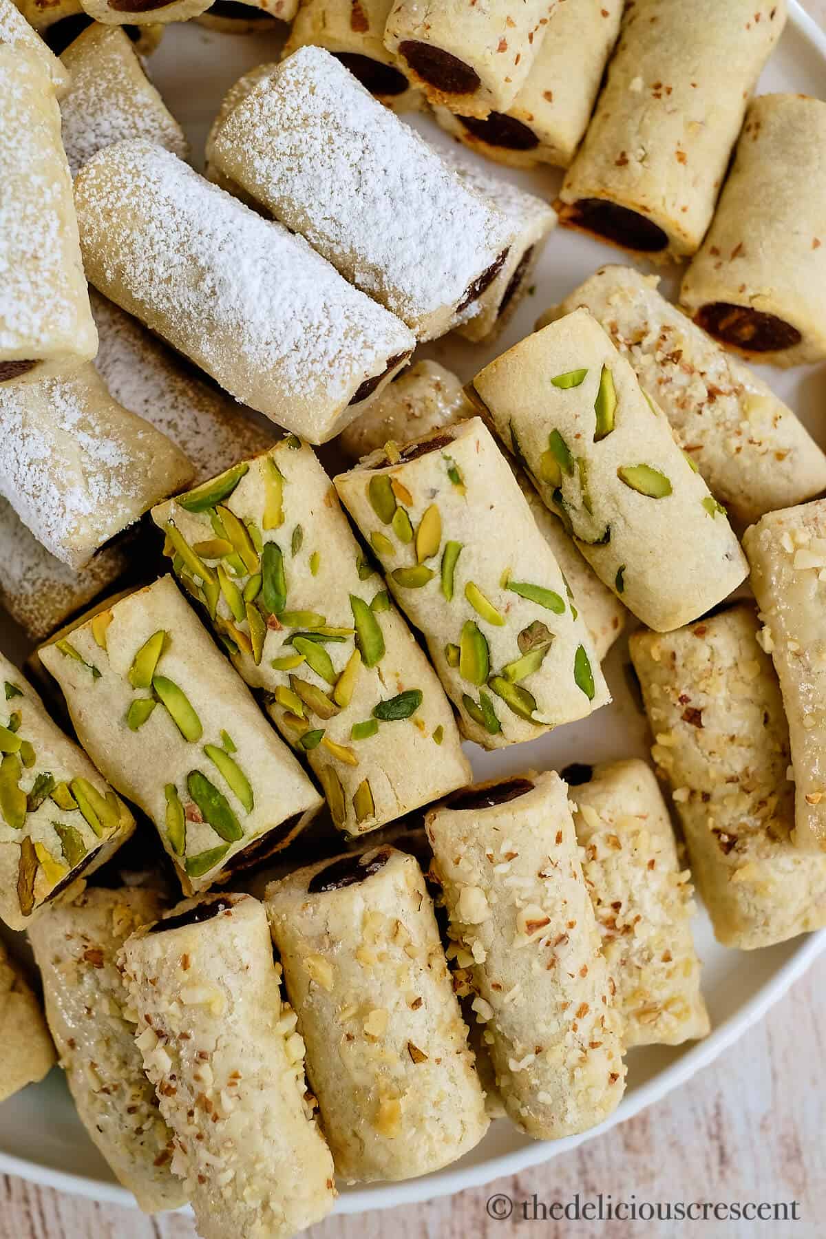 Overhead view of date cookie rolls.