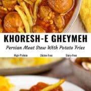 Gheymeh (meat stew with potato fries) pin image.