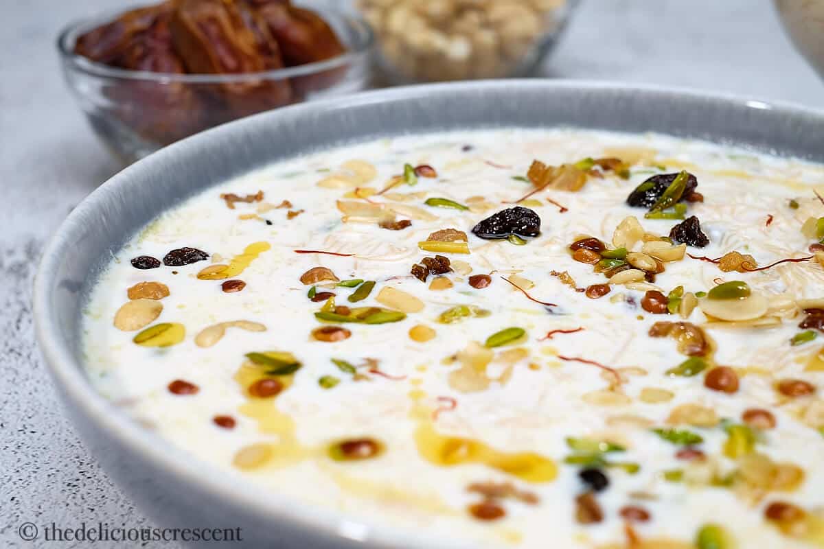 Sheer khurma, sweetened with dates and served in a bowl.