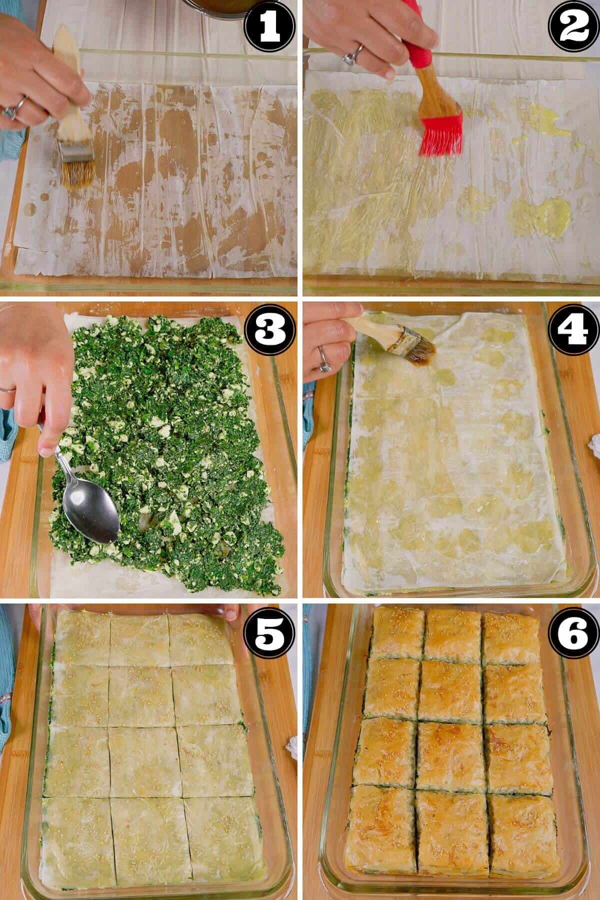 Assembling the sheet pan style spinach and feta cheese pie.