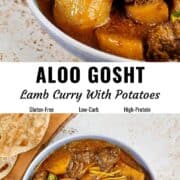 Aloo gosht (lamb curry with potatoes) pin image.
