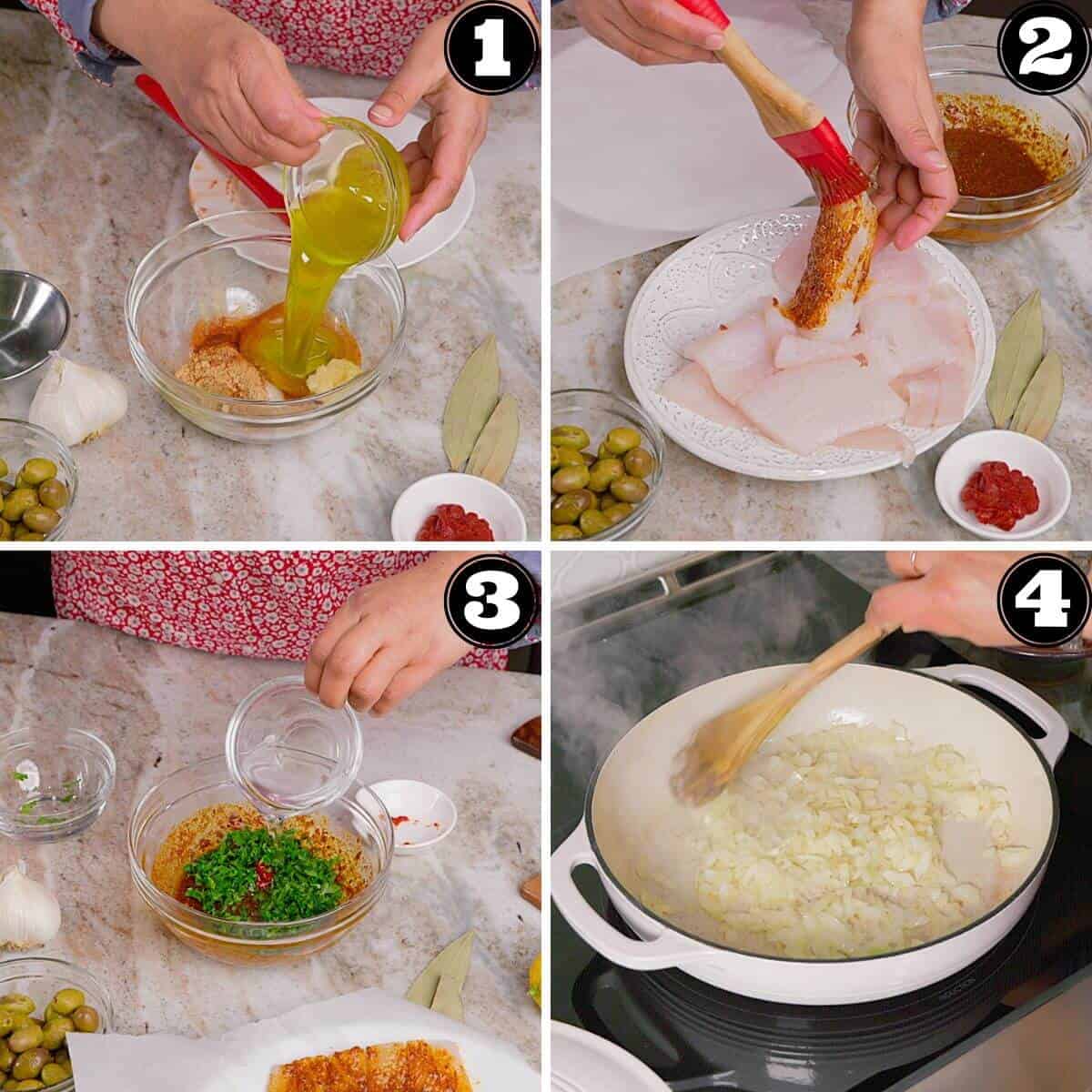 Making spice paste and marinating fish.