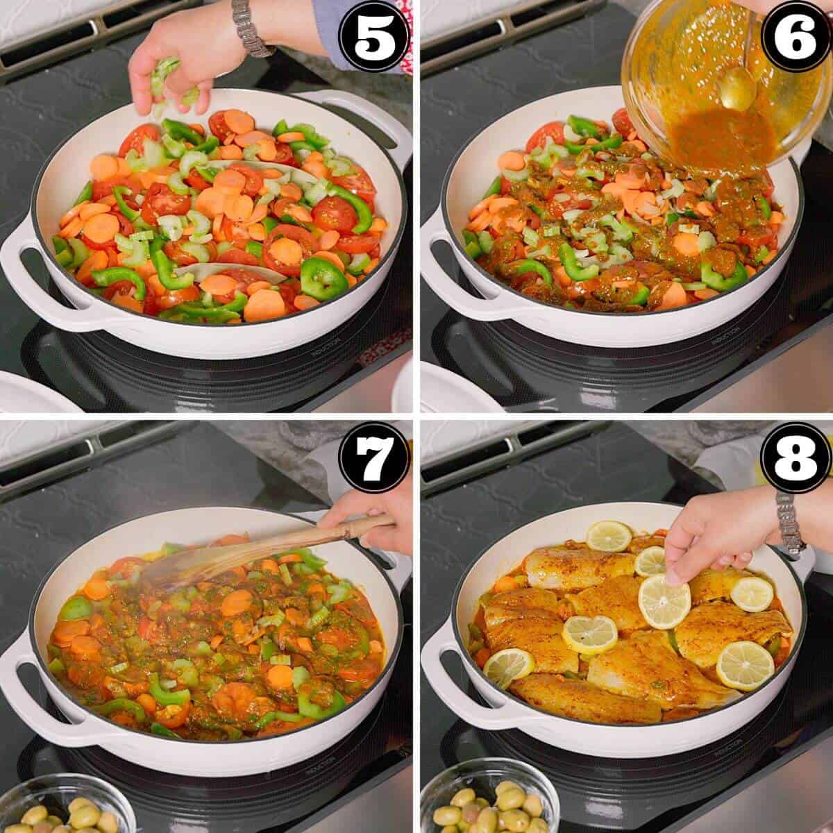 Layering vegetables, and cooking with fish.
