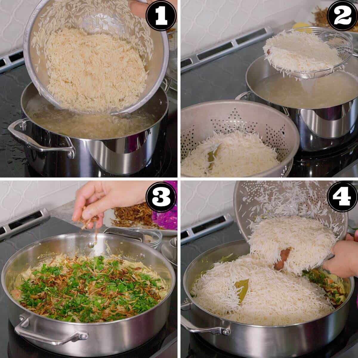 Cooking rice and layering on top of marinated vegetables.