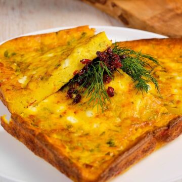 Close view of Persian style yogurt egg bake slices.