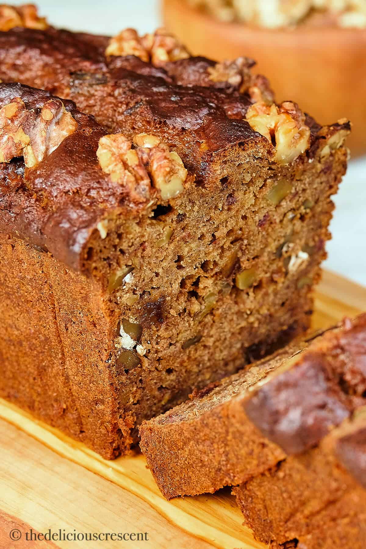 Cross section view of a but date and banana loaf.
