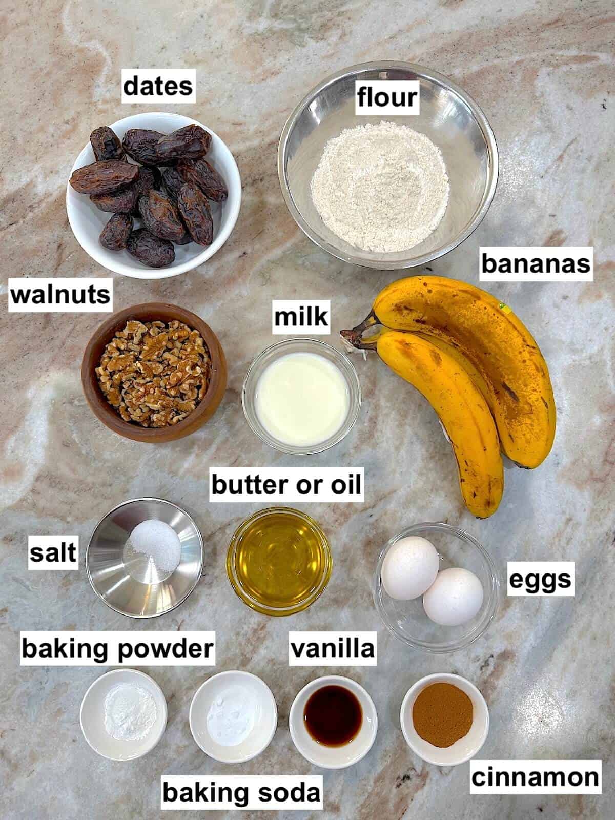 Ingredients needed for the banana bread recipe.