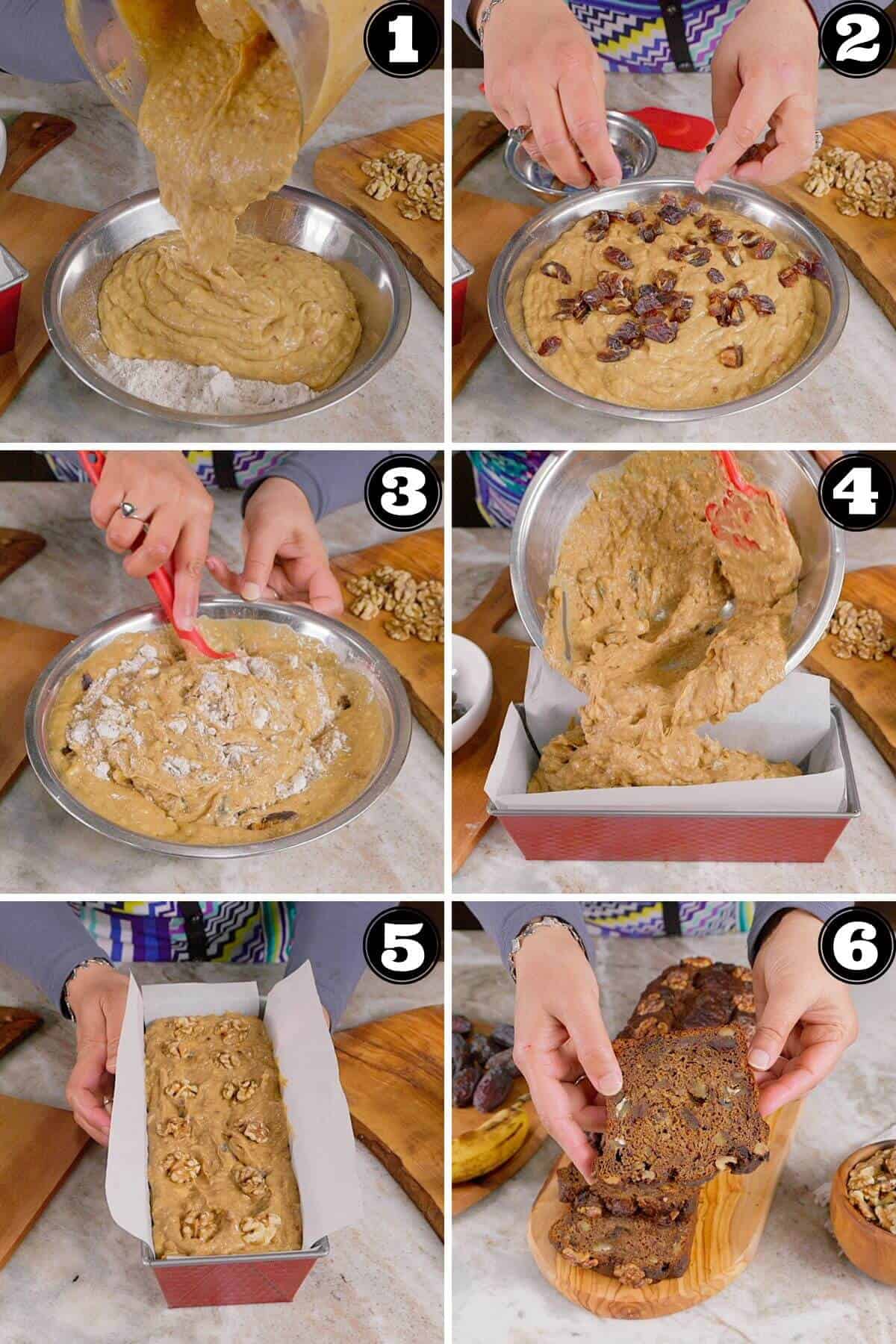 Combining wet and dry ingredients, transferring to loaf pan, then baking it.