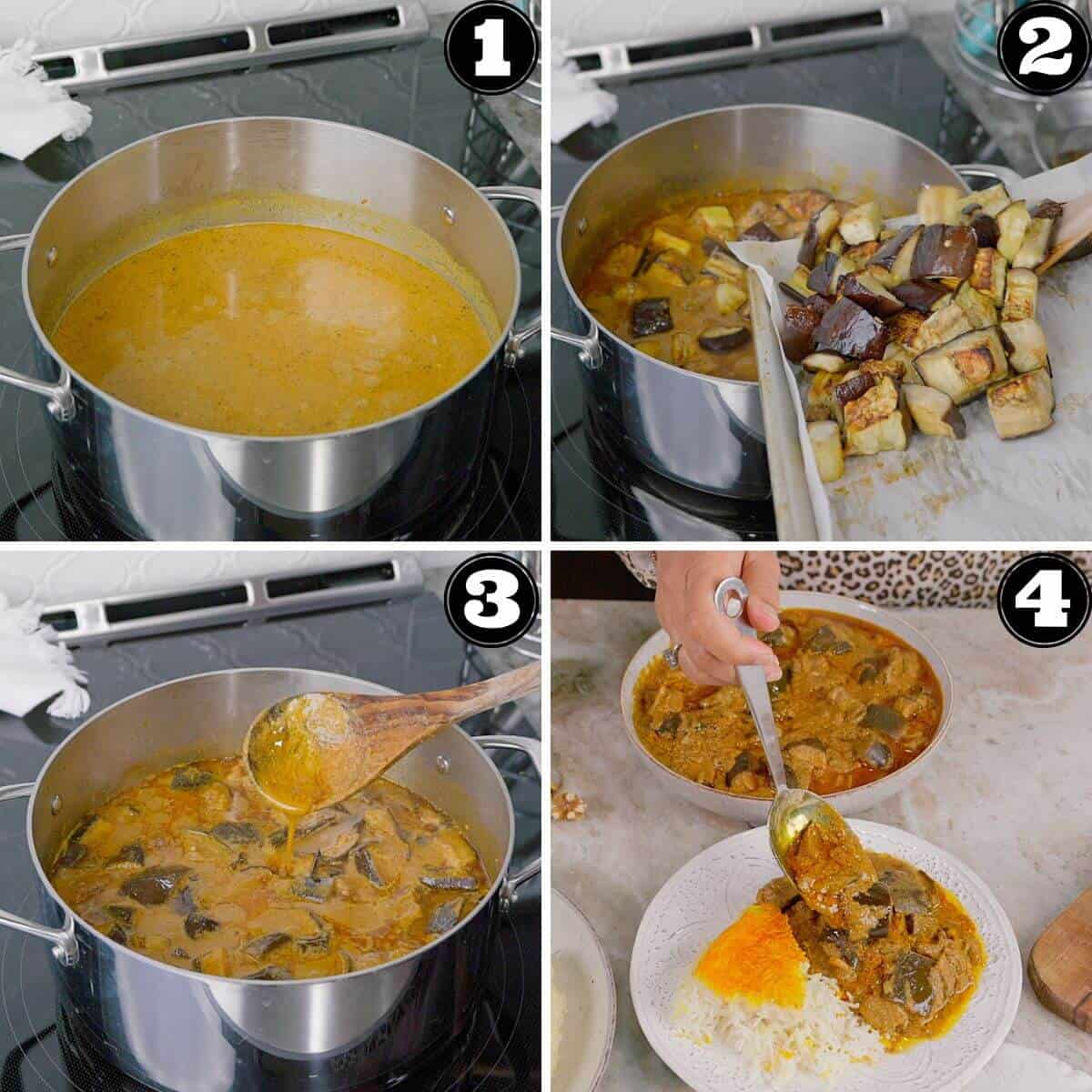 Simmering the stew sauce and cooking with roasted eggplant